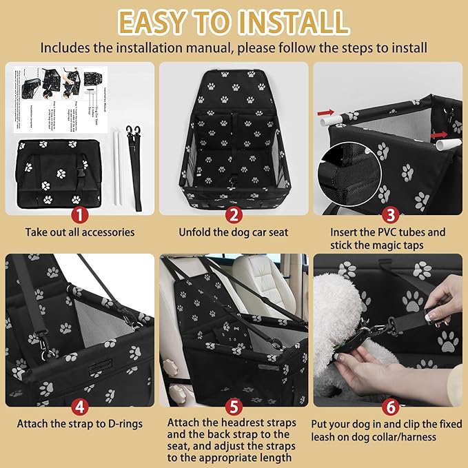 PetsHome Dog Car Seat Foldable Dog Car Booster Seat Waterproof Breathable Oxford Travel Bag for Small to Medium Dogs, Puppies, and Pets-Footprint Black