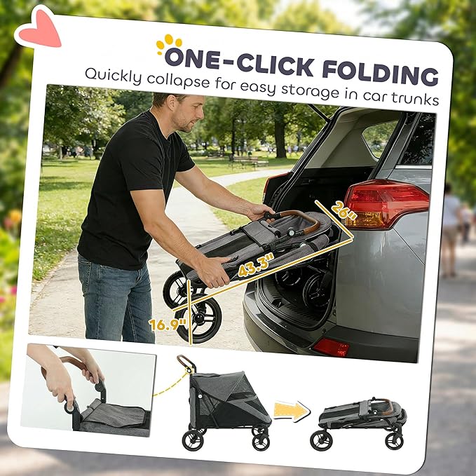PawHut Dog Stroller for Large Dogs, One-Click Folding 4 Wheel Large Pet Stroller Wagon for Multiple Pets, All Terrain Spring Suspension w/ 8-Position Adjustable Handle, Mesh Window, Up to 66 LBS, Gray