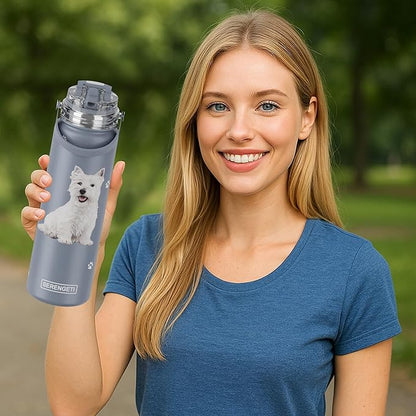 SERENGETI 24 Oz Water Bottle Stainless Steel with Spill Proof Lid - Double walled Vacuum Insulated water flask - Realistic 3D Print of your favorite dog (Westie)