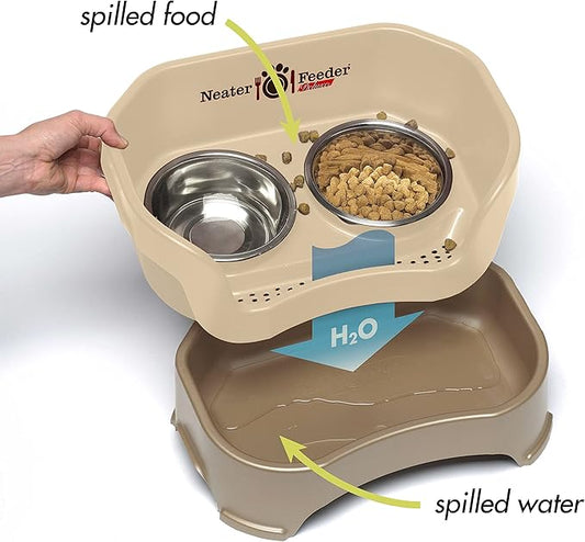 Neater Feeder Deluxe Mess-Proof Elevated Cat Bowls, 2 Height Adjustable (6” & 7.5”) No-Spill Raised Cat Bowl Stand, Whisker Friendly Stainless Steel Dishes for Indoor Cats, Made in USA, Cappuccino