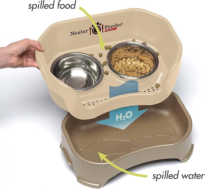 Neater Feeder Deluxe Mess-Proof Elevated Dog Bowls for Large Dogs (40+ lbs), 2 Height Adjustable (14.5” & 17.5”) No-Spill Raised Dog Bowl Stand w/Slow Feed Bowl for Food, Made in USA, Cappuccino