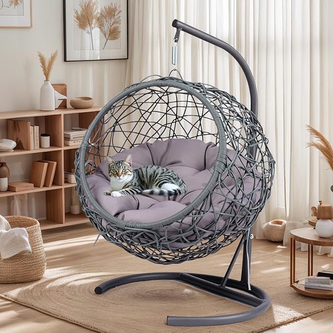 Cat Egg Chair with Stand & Cushion, Cat Swing Bed with Rattan Wicker Appearance, Hanging Chair for Indoor Cats Pet Kitten Puppy Small Dogs (Grey, 17.70 Inch)
