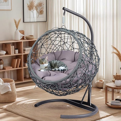 Cat Egg Chair with Stand & Cushion, Cat Swing Bed with Rattan Wicker Appearance, Hanging Chair for Indoor Cats Pet Kitten Puppy Small Dogs (Grey, 17.70 Inch)