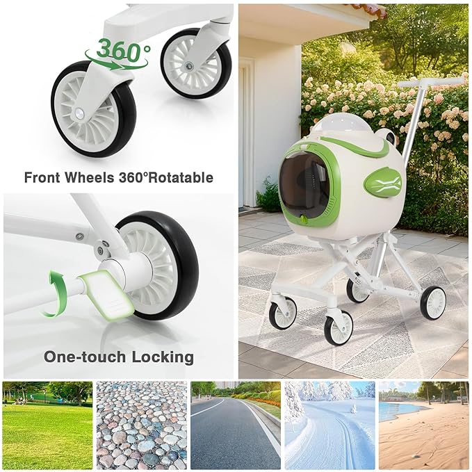4 in 1 Foldable Pet Stroller with Detachable Carrier for Small Dogs & Cats, Space Capsule Travel Stroller with Inbuilt Fan,Temperature Display & Night Light,Puppy Kitty Doggie Bunny Stroller (Beige)