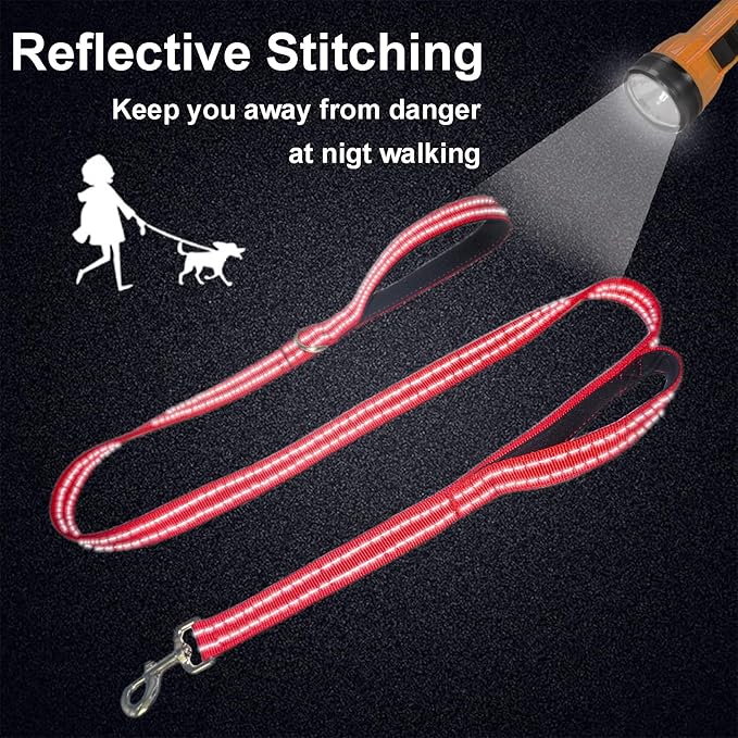 Dual Padded Handle Standard Dog Leashes with Reflective Stitching,360° Rotatable Heavy Duty Metal Buckle,D-Ring,Durable Nylon,for Medium Sized Dogs from 20 to 60 Pounds Walking and Training Red, 5Ft