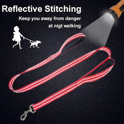 Dual Padded Handle Standard Dog Leashes with Reflective Stitching,360° Rotatable Heavy Duty Metal Buckle,D-Ring,Durable Nylon,for Medium Sized Dogs from 20 to 60 Pounds Walking and Training Red, 5Ft
