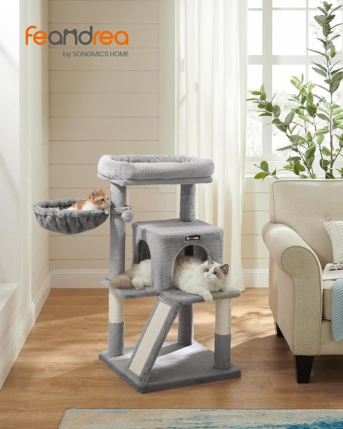 Feandrea Cat Tree, 37.8-Inch Cat Tower, Multi-Level Condo with Widened Perch, Scratching Posts and Ramp, 2-Door Cave, Hammock, Light Gray UPCT51W