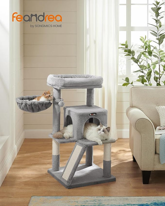 Feandrea Cat Tree, 37.8-Inch Cat Tower, Multi-Level Condo with Widened Perch, Scratching Posts and Ramp, 2-Door Cave, Hammock, Light Gray UPCT51W