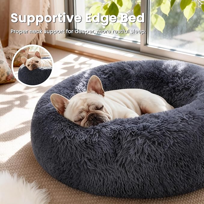Love's cabin Calming Cat Bed for Indoor Cats, Anti-Anxiety Donut Round Dog Bed, Fluffy Faux Fur Washable Pet Bed for Small Medium Dogs and Cats,Bluish Grey,20in