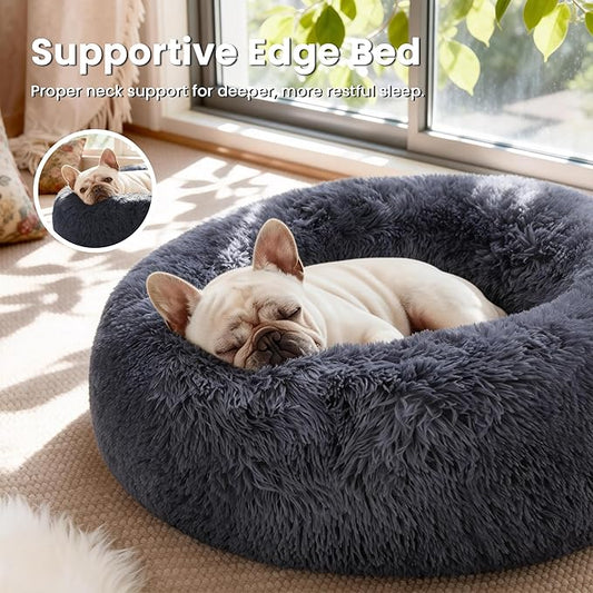 Love's cabin Calming Cat Bed for Indoor Cats, Anti-Anxiety Donut Round Dog Bed, Fluffy Faux Fur Washable Pet Bed for Small Medium Dogs and Cats,Bluish Grey,20in
