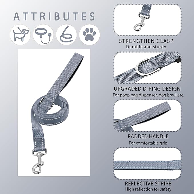 Reflective Dog Collar with Safety Locking Buckle, Adjustable Soft Breathable Nylon Collars for Small, Medium and Large Dogs(Collar+Leash M Gray)