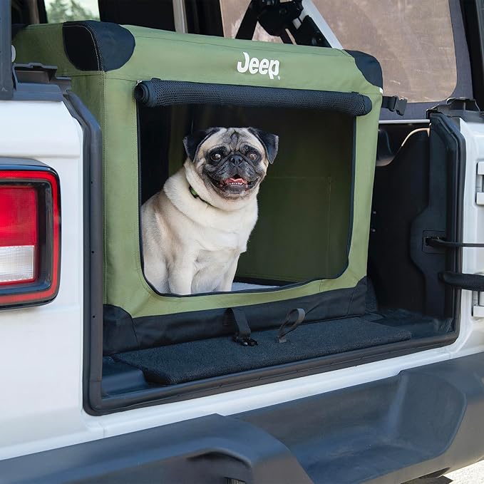 Jeep Portable Travel Crate for Dogs (Rugged Green) Easy Collapsible Soft Sided Kennel Carrier for Pets with Fleece Pad – Gifts for Jeep Owners (32 x 23 x 23 inch - Large)