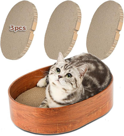 3 Pcs 16 Inch Cat Scratching Board with Box, 2 in 1 Cardboard Cat Scratchers Bed for Indoor Cats, Round Scratch Bowl with Thicker Double-Sided Pad for Cats' Scratch Need