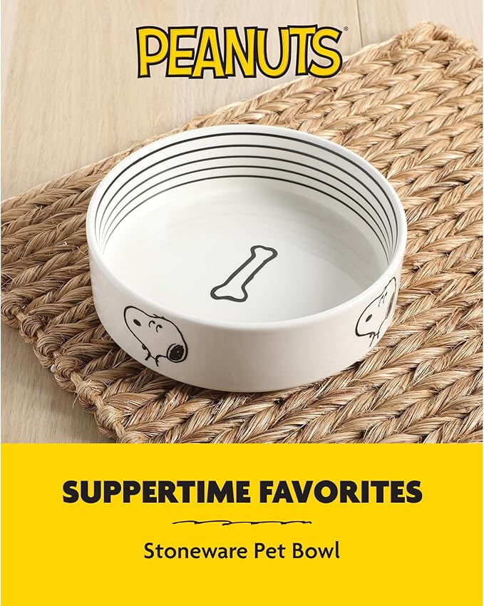 Peanuts Snoopy Dog Bowl with Bone Design – 6.5" Stoneware Water or Food Bowl for Small to Medium Dogs – Cute Cartoon Pet Dish, Durable & Easy to Clean