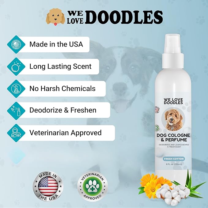 Dog Cologne & Perfume, Deodorizing, Long Lasting After Bath, Deodorant For Smelly Dogs, Pawfume For Pets, Odor Eliminator Spray Puppies, Fresh Cotton [We Love Doodles]