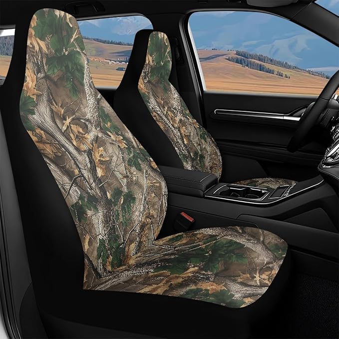 Camo Hunting Forest Car Seat Covers for Truck Sedan SUV Waterproof Elastic Polyester Automotive Front Seat Covers 2 Pcs Set for SUV, Van, Sedan, Truck