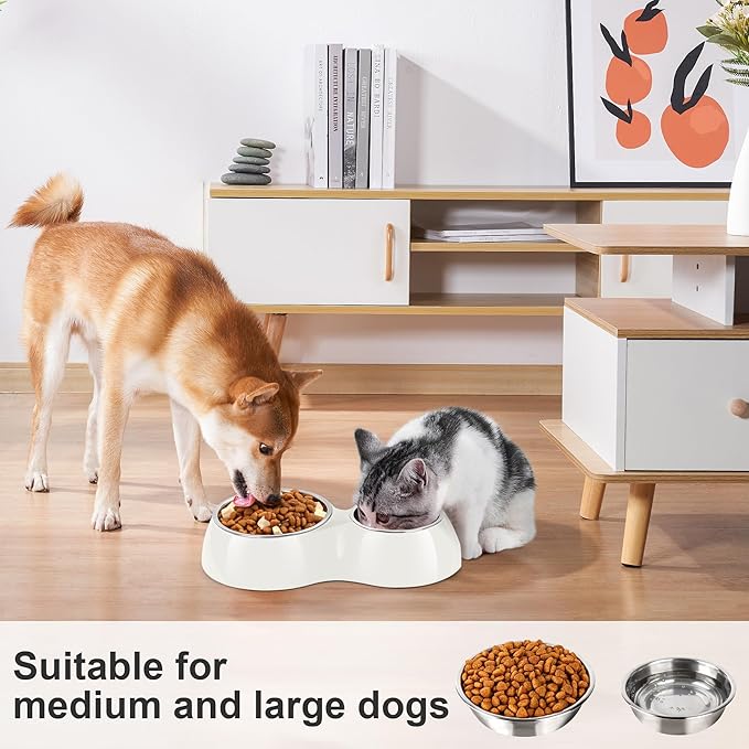 Double Dog Bowls Set – Non-Slip Pet Food & Water Dishes with Resin Stand, Includes Small (1 Cup) & Medium (2 Cups) Bowls – Ideal for Puppies and Cats – White