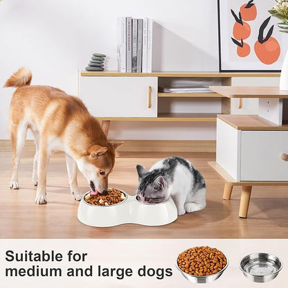 Double Dog Bowls Set – Non-Slip Pet Food & Water Dishes with Resin Stand, Includes Small (1 Cup) & Medium (2 Cups) Bowls – Ideal for Puppies and Cats – White