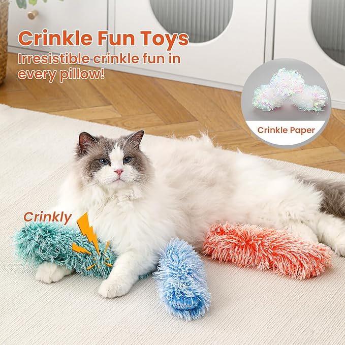 3 Pack Cat Pillow Toys with Catnip, Soft Plush Crinkle Cat Kicker Toys, Interactive Indoor Kitten Chew Toys for Kitty Exercise, Catnip Toys, Promotes Self Play