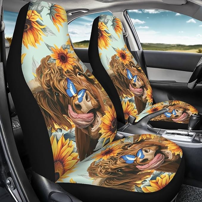 Highland Cow Car Seat Covers Anti Slip Car Seat Covers Front Seats Only Easy to Install and Clean Removable Automotive Accessories Universal Fit for Most Vehicle