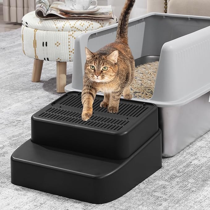 BALAPET Adjustable 3 Steps Litter Box Ramp with Filter Function, Detachable Litter Trapper, Easy Clean Cat Litter Stair for Small & Elderly Cats(Black)