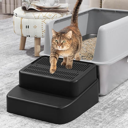 BALAPET Adjustable 3 Steps Litter Box Ramp with Filter Function, Detachable Litter Trapper, Easy Clean Cat Litter Stair for Small & Elderly Cats(Black)