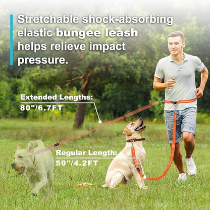 Hands Free Dog Leash, Adjustable Waist Leash for Dog Walking, Dual Bungee 4.2-6.7 Feet Long with Reflective Stitches for Walking Hiking Running, Fits 26"- 43" Inch Waist, Orange