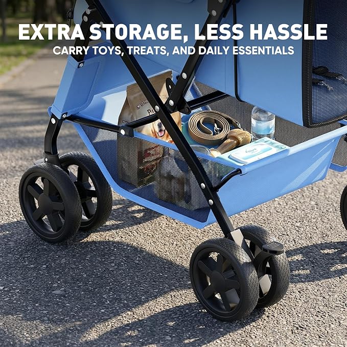 Magshion Side by Side Double Dog Stroller for 2 Small Dogs, Foldable Twin Pet Stroller with Breathable Mesh, Storage Basket, Swivel Wheels for Outdoor Walks & Daily Use, Blue