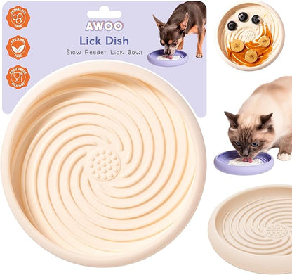 Awoo Lick Dish Silicone Dog & Cat Lick Mat & Slow Feeder with Suction Cups, Non-Slip, Dishwasher Safe, Extend Mealtime, Reduce Anxiety (Cream)