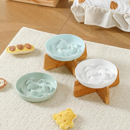Elevated Slow Feeder Cat Bowl - Melamine Cat Food Plate with Anti-Slip Bamboo Stand - Whisker Friendly Feeding Bowl - Raised Maze Dish for Slow Eating - Ivory White