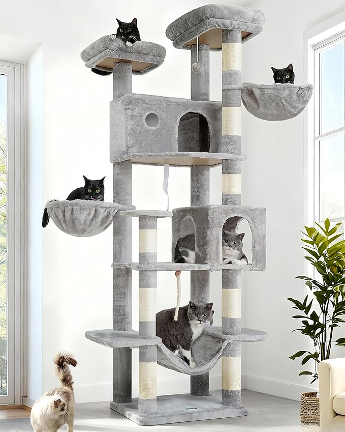 Tall Cat Tree, Large Cat Tower for Adult Cats, 80.7'' (205cm) Heavy-Duty Cat Tree House for Indoor Cats 20 lbs+ with Scratching Posts, 2 Top Perches/Condos, Hammcok, Light Gray GCT034W