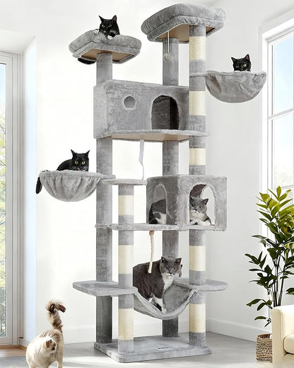 Tall Cat Tree, Large Cat Tower for Adult Cats, 80.7'' (205cm) Heavy-Duty Cat Tree House for Indoor Cats 20 lbs+ with Scratching Posts, 2 Top Perches/Condos, Hammcok, Light Gray GCT034W