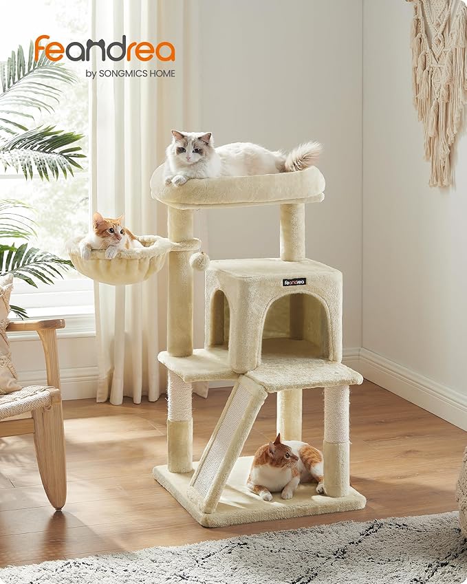 Feandrea Cat Tree, 37.8-Inch Cat Tower, Multi-Level Condo with Widened Perch, Scratching Posts and Ramp, 2-Door Cave, Hammock, Beige UPCT51M