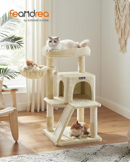 Feandrea Cat Tree, 37.8-Inch Cat Tower, Multi-Level Condo with Widened Perch, Scratching Posts and Ramp, 2-Door Cave, Hammock, Beige UPCT51M