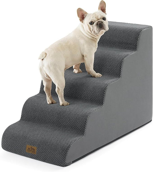 Wide Dog Stairs for Small Dog 22.6" H, Curved Pet Step for Puppy, Older Cat, Curved Ramp for High Bed or Car, Ladder with High Density Foam, Durable, 5 Step, 17.7x33x22.6 inch, Dark Grey