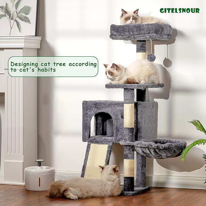 Cat Tree, 41.3" Cat Tower for Indoor Kittens with Scratching Board and Posts, Multi-Level Cozy Cat Condo with 2 Perches, Hammock, Balls, Smoky Gray GCT005SG