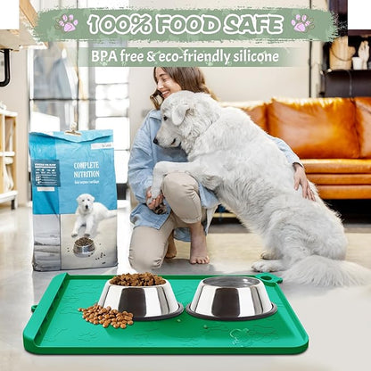 Silicone Dog Food and Water Mat - Pet Feeding Mats with Waterproof Design, Raised Edges and Hooks, Placemats for Cats and Dogs