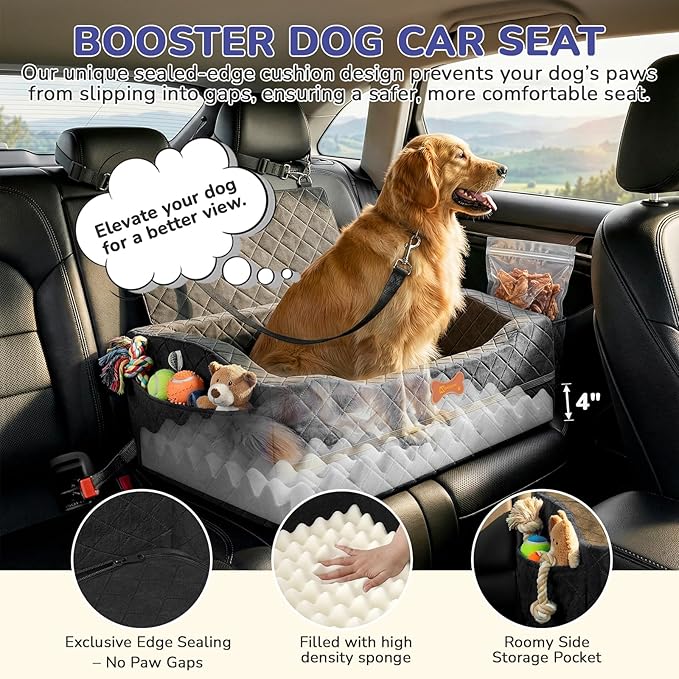 Dog Car Seat for Medium Large Dogs, 4" Elevated Dog Booster Seat with ISOFIX Safety Fixation, Washable Cover & High Density Memory Foam, Portable for Car Front/Rear/Trunk Home Outdoor Use (Jet Black)