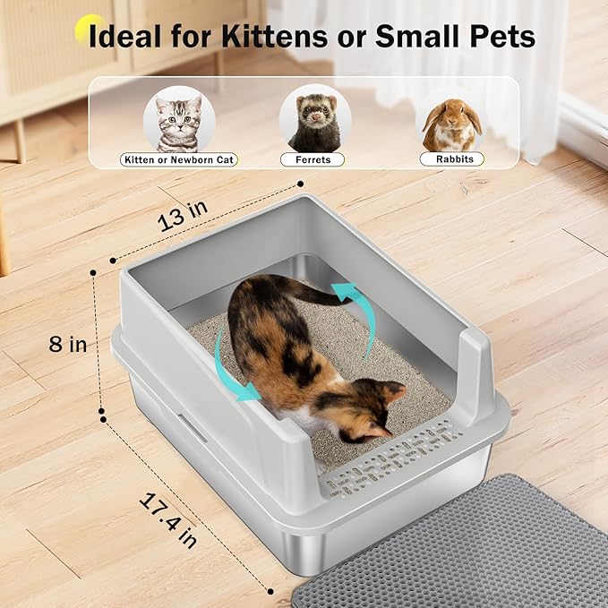 Stainless Steel Cat Litter Box with Lid, High-Sided Metal Litter Pan for Small Cats, Kitty Litter Box, Non-Stick & Odor-Resistant, Anti-Urine Leakage, Easy to Clean, Scoop Included