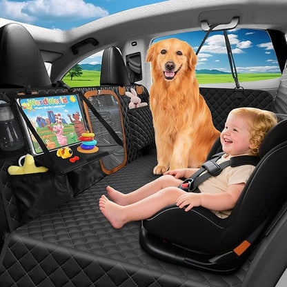 Hard Bottom Dog Seat Cover, Dog Car Seat Cover for Back Seat with Tablet Holder and Foldable Food Tray, Waterproof Back Seat Extender for Dogs Suitable for Baby Seats Hold 420 lbs for Car/SUV