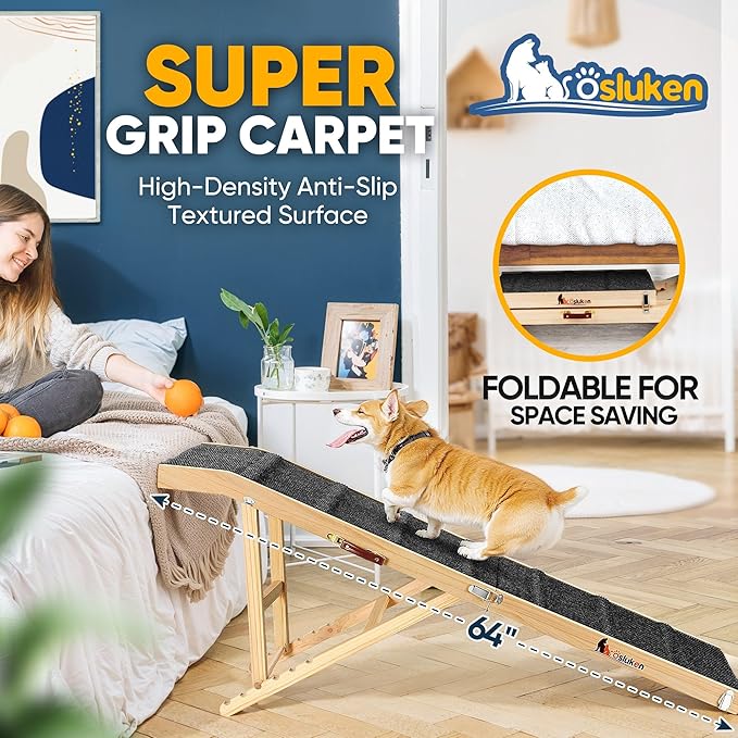 𝟐𝟎𝟐𝟔 𝐔𝐩𝐠𝐫𝐚𝐝𝐞𝐝 Dog Ramp for Bed, 64" Long Foldable Pet Ramp for Small Large Dogs, Dog Ramps for High Beds Car, High Traction with Platform 6 Adjustable Heights 24" to 30" Up to 220LBS Black