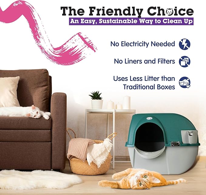 Omega Paw VMRA20-1-PR Premium Roll 'N Clean Large Self Cleaning Litter Box with Integrated Litter Step and Unique Sifting Grill, Forest Green