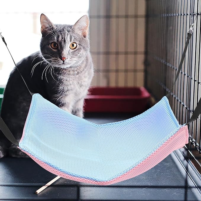 BESTYASH Cat Hammock for Cage Hanging Small Pet Mesh Bed Reversible Breathable Double-Sided Hammock with Hooks for Cats and Small Animals, Size M, Pink Blue