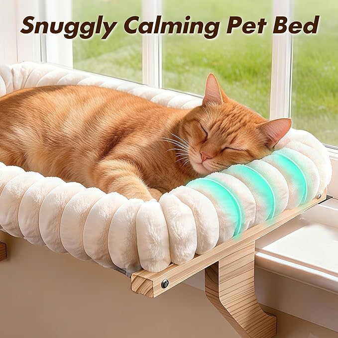 Cloud-Cuddle Cat Perch for Window Sill with Bolster, Natural Wood & Metal Frame Cat Window Seat for Large Cats, Easy to Adjust Zipper Cushion Pet Bed for Windowsill (Large)