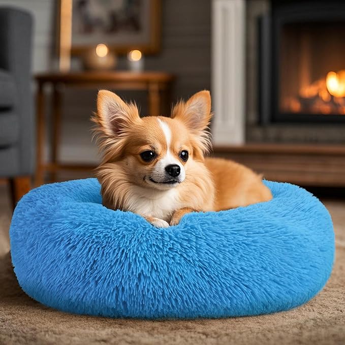 Dogs Bed for Small Dogs, Anti-Anxiety Washable Round Bed (Light Blue, 24.0" L x 24.0" W x 8.0" Th)