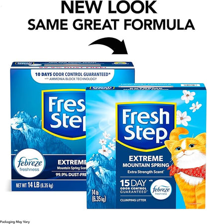 Fresh Step Extreme Clumping Litter with Febreze Freshness,Mountain Spring Scent Clumping Cat Litter with Guaranteed Odor Control,14 lb. Box,(Pack of 2)