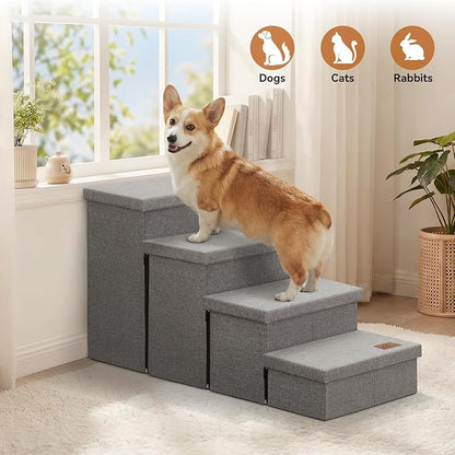 Dog Stairs with Storage 23" H, 4-Step Wider Dog Steps for High Beds Window, Folding Sturdy Pet Stairs Gift for Injured Old Dogs Cats, Ramp for Climbing Car Up to 200 lbs,(Gray, No Condo)