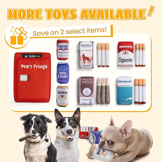 Nocciola Squeaky Beer Dog Toys with a Fridge, Funny Crinkle Hide and Seek Dog Chew Toys for Small Medium Large Breeds, Plush Stuffed Puppy Birthday Gifts