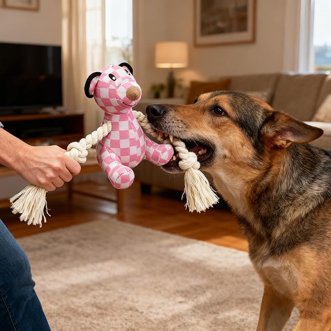 Indestructible Bear Dog Rope Toy with Rope for Aggressive Chewers, Tug of War Dog Toy Durable Chew-Resistant Interactive Ball for All Breeds (Pink Bear)