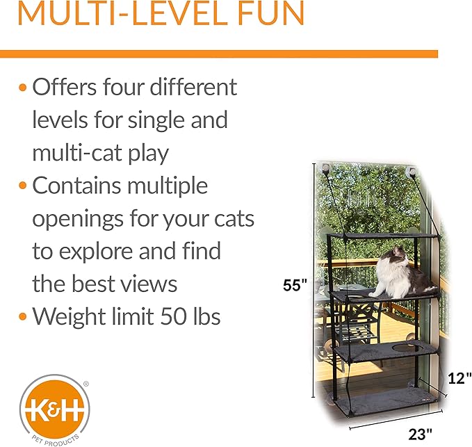 K&H Pet Products EZ Mount Quad Stack Cat Window Perch for Large Cats, Sturdy Window Hammock Bed, Steel Frame, Sturdy Suction Cups, 4 Washable Shelf Covers, Foldable - Fits 27" W X 59" H Glass Spaces